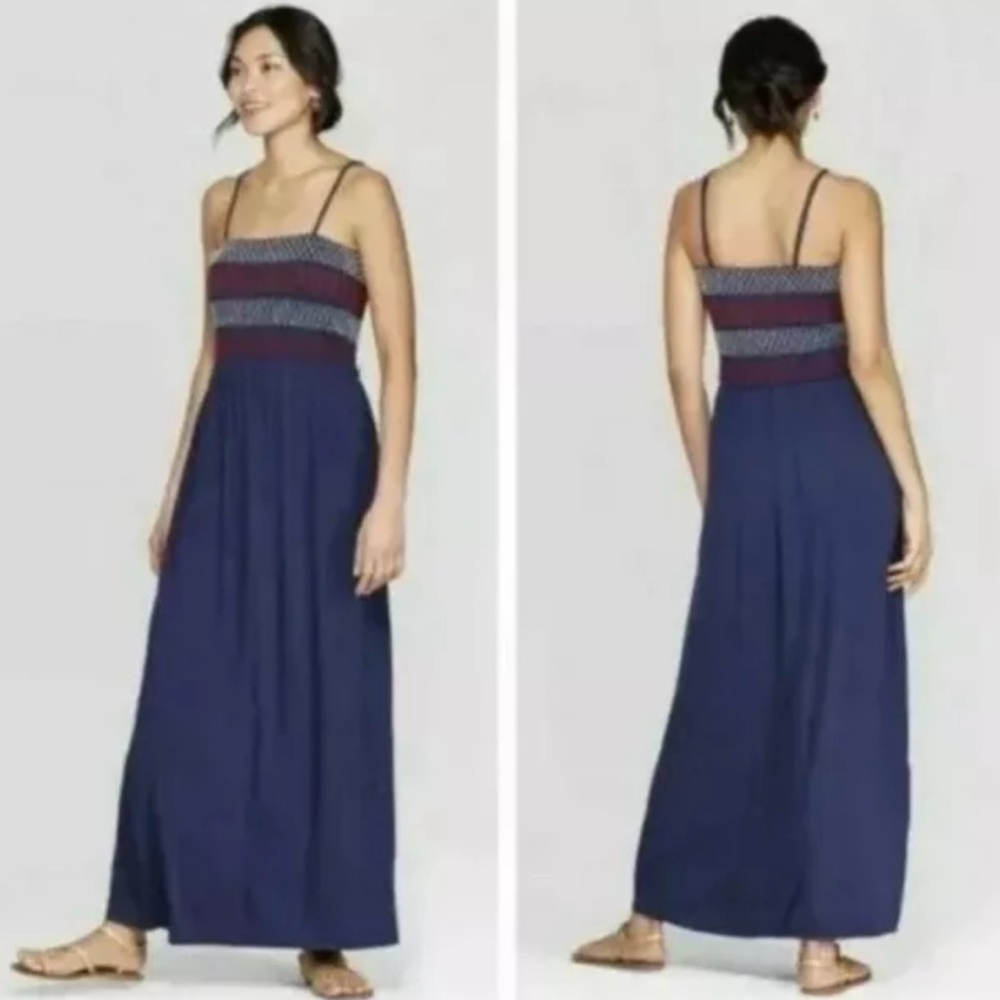 Knox Rose Womens M Navy Blue Jersey Knit Smocked Embroidered Maxi Dress